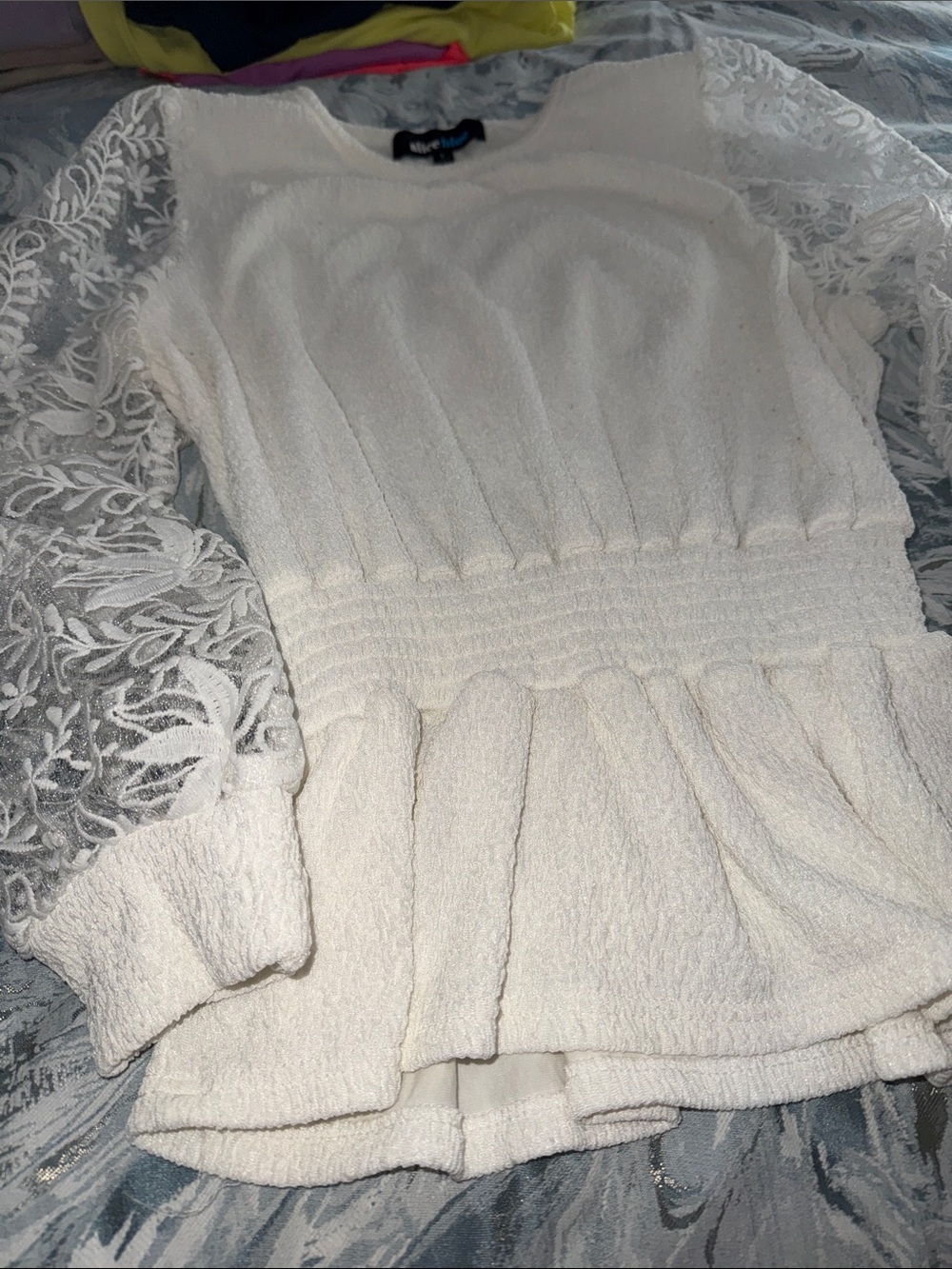 Alice Blue Cream Textured Peplum Sweater with Lace Sleeves